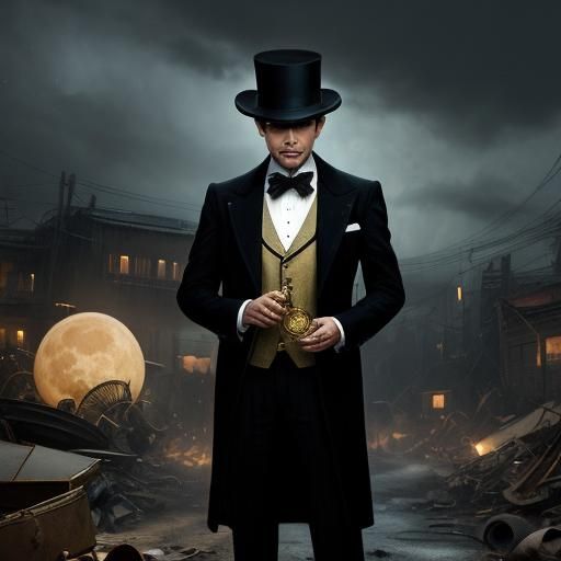 Man with Gold Umbrella in Junkyard Under Moon