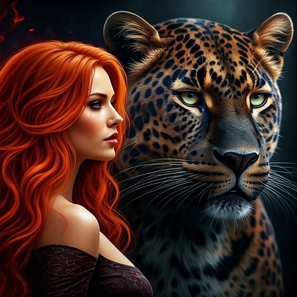 Fiery Redhead and Dark Panther in Hyperrealism