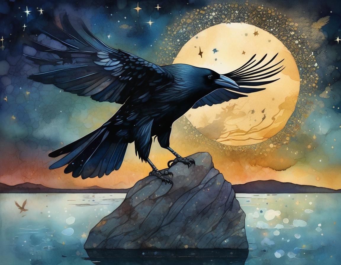 Magnificent Crow on Rock in Watercolor Liquid Inks Style