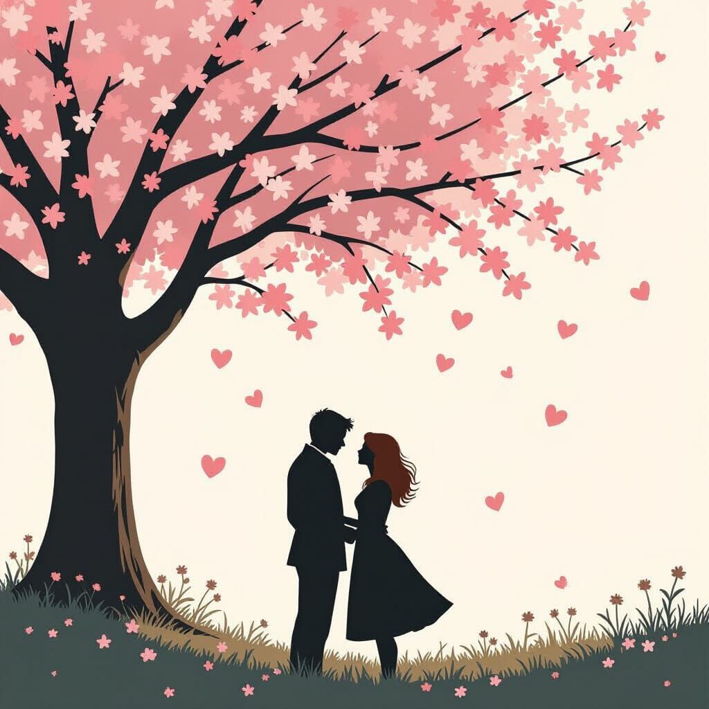 Silhouetted Lovers Under Blossom Tree in Romantic Style