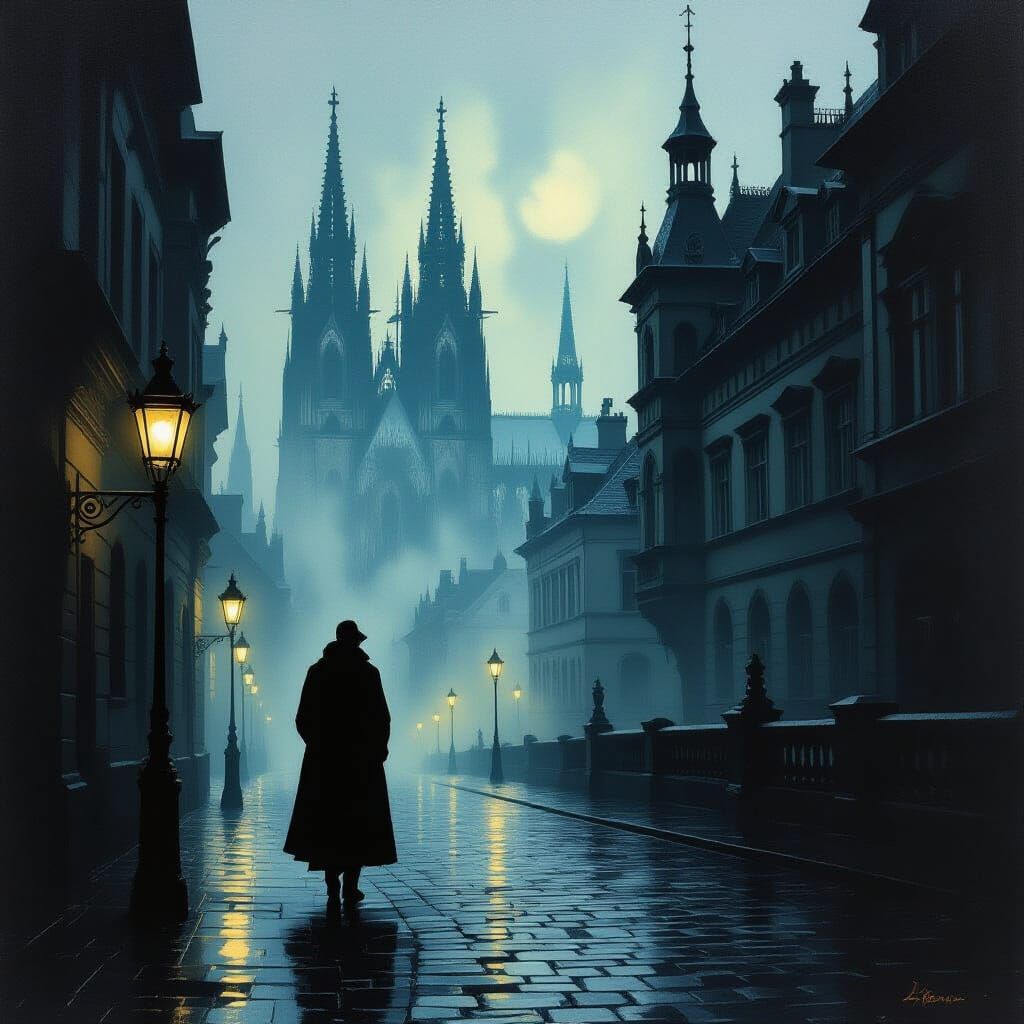 Gothic Street Scene with Lone Figure in Chiaroscuro