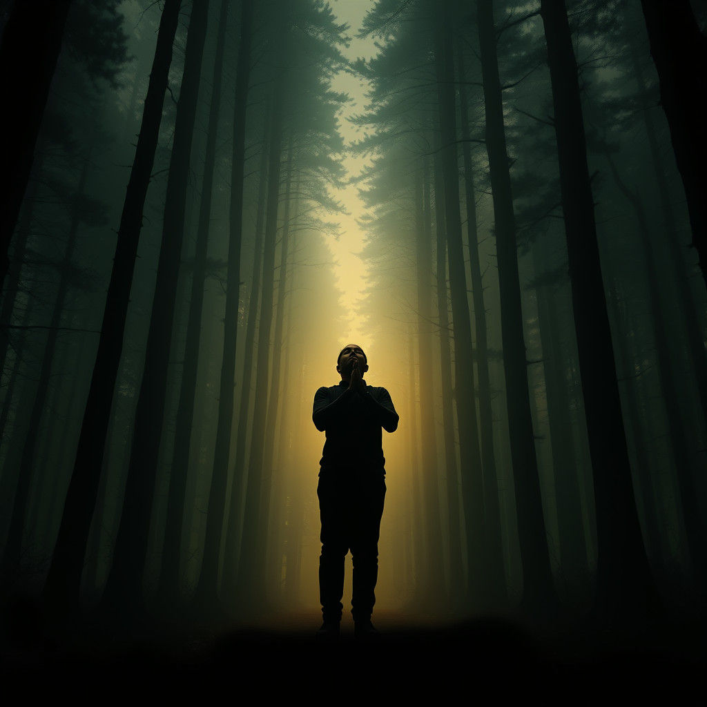 Lone Figure in Misty Forest with Ethereal Glow