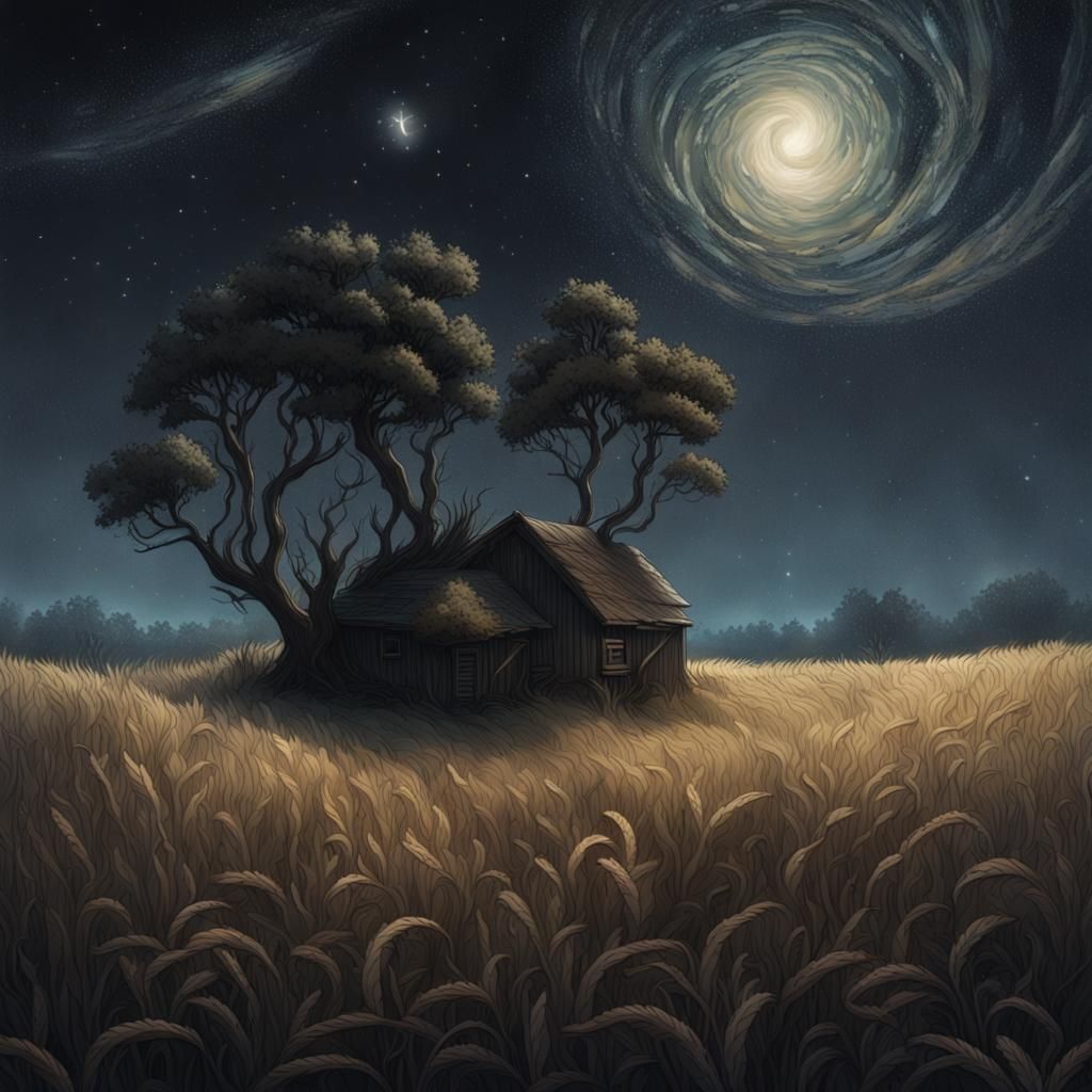 Moonlit Rye Field with Glowing Stardust and Fish