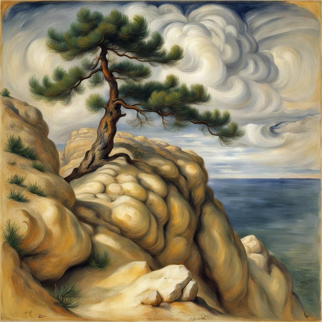 Solitary Pine on Cliff, Blending Art Styles