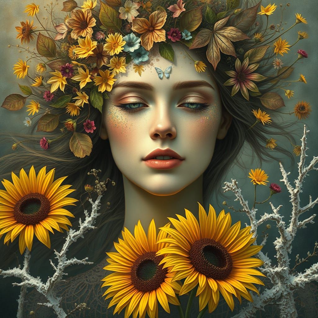 Ethereal Woman: Embodiment of Four Seasons in Surreal Style