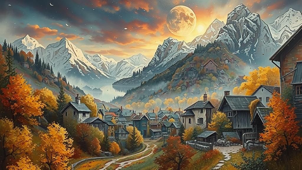 Ethereal Autumn Village in Enchanted Lunar Glow