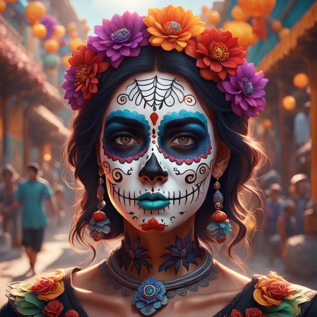 Colorful Dia de los Muertos Face Paint Portrait