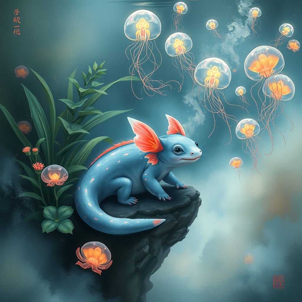 Surrealist Aquatic Scene in Japanese Watercolor Style