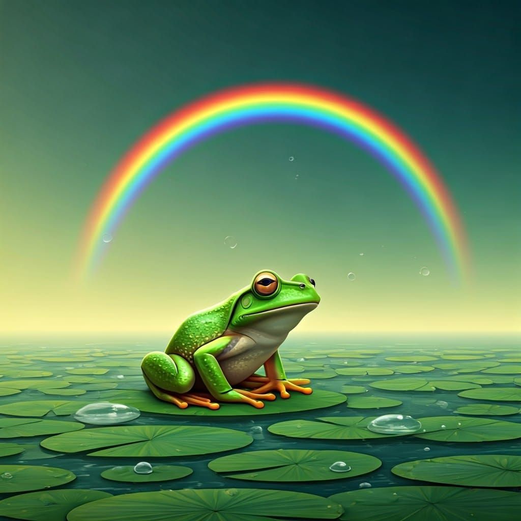 Green Frog on Lily Pads with Rainbow