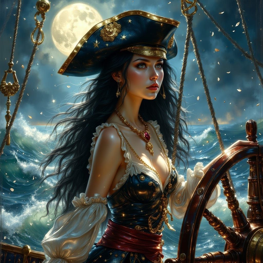 Pirate Captain Steers Ship in Moonlit Fantasy Art