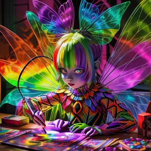 Vibrant Surrealist Crayon Drawing of a Rainbow Fairy