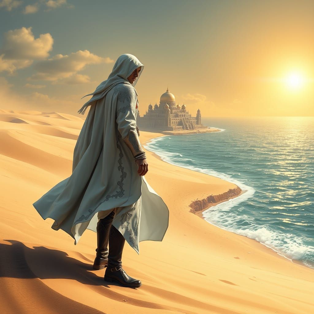 Sleek Assassin Stands at Desert's Edge, Gazing Out to Sea