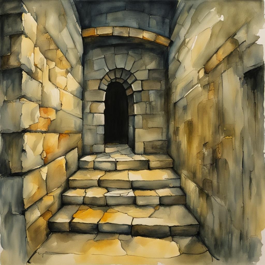 Creepy Dark Entrance with Stone Walls in Watercolour