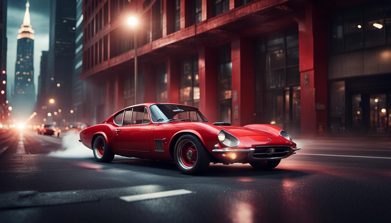 Retro Car Drifting Through City at Night