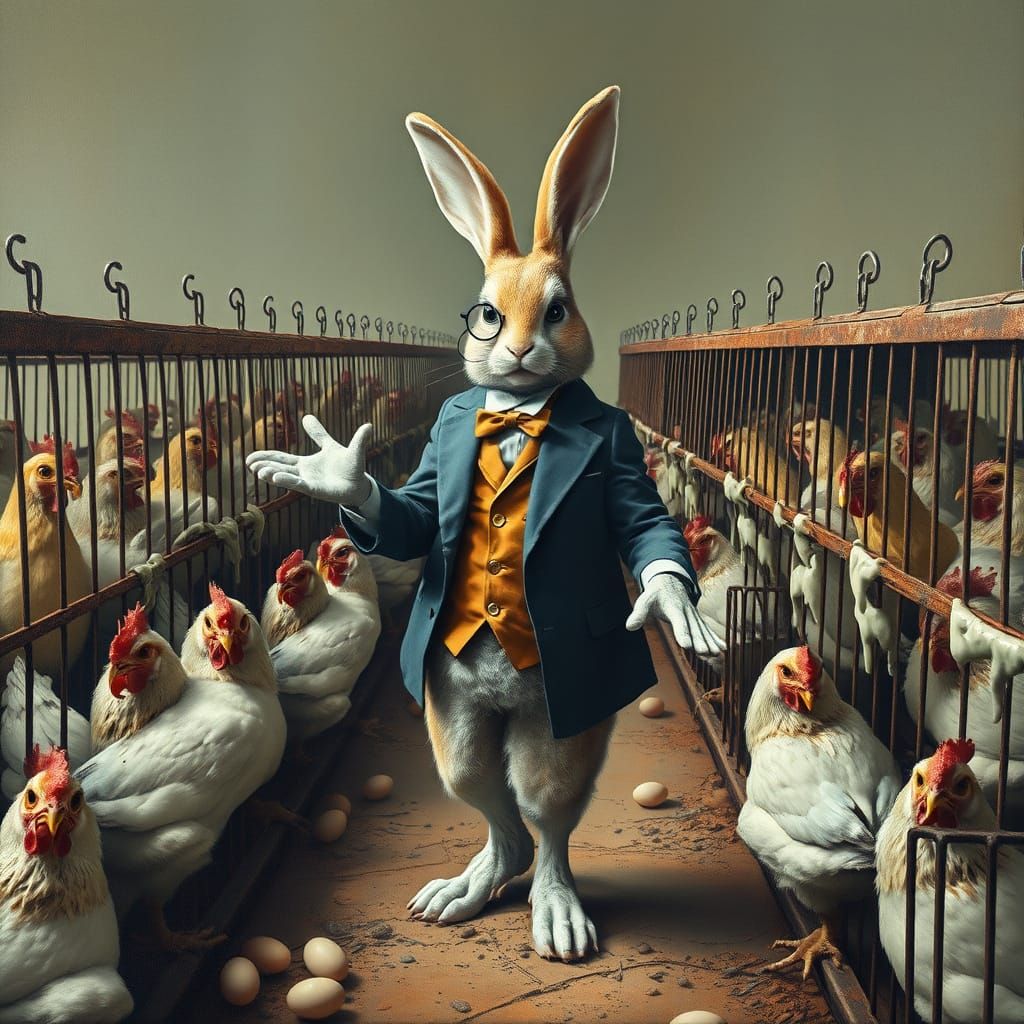 Surrealist Easter Bunny Demands Eggs in a Dreamlike Landscap...