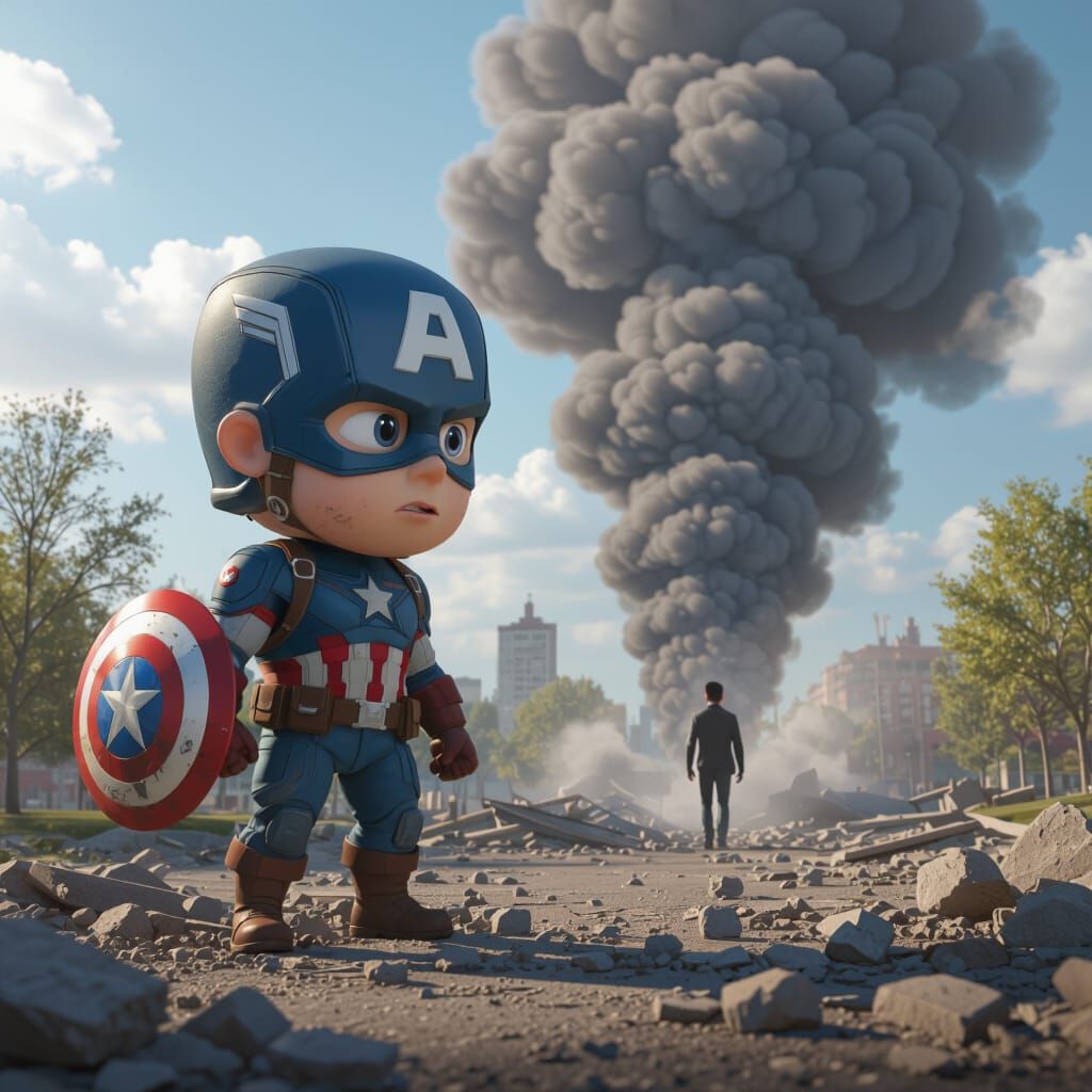 Captain America in Destroyed Park: 3D Cartoon