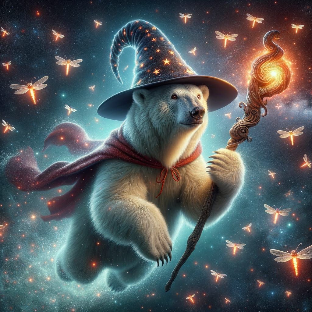 Polar Bear Wizard Soaring Through Galaxy in CGI
