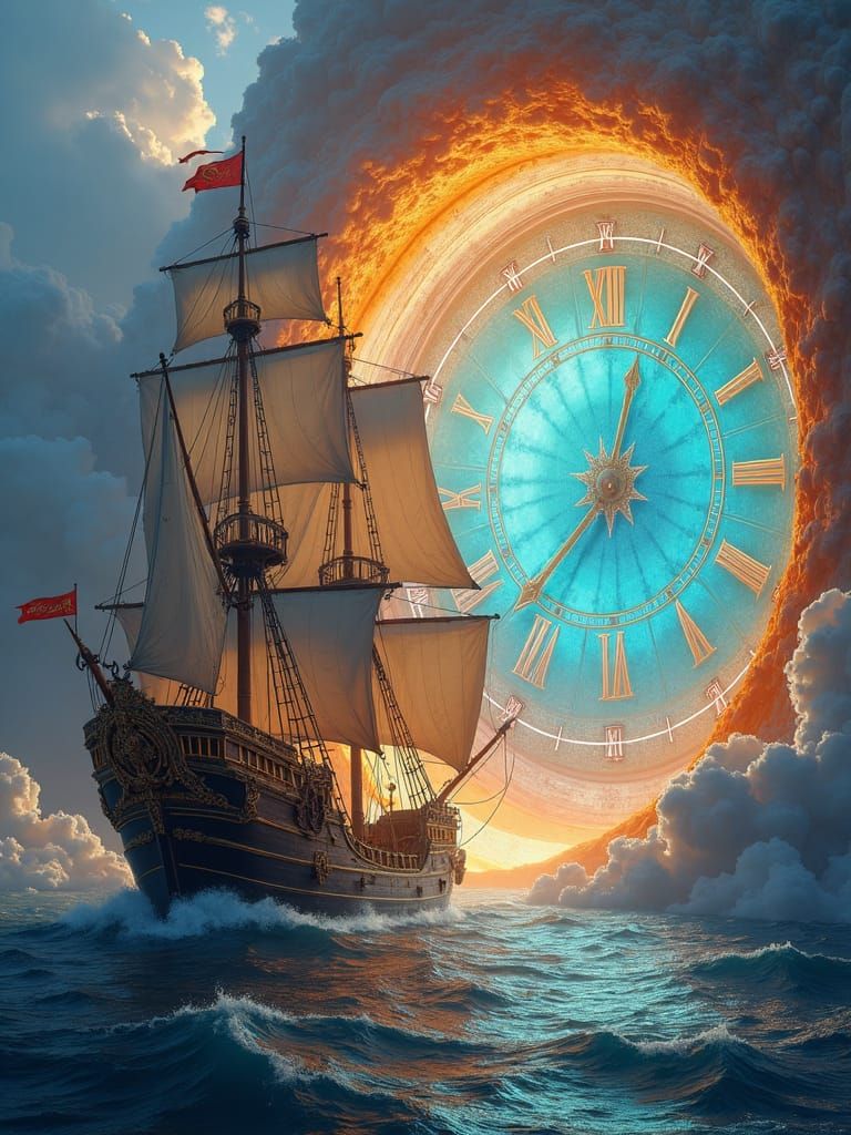 Galleon Sails Towards Clock in Ethereal Portal