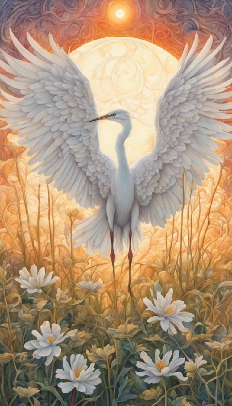 Kaleidoscopic Egret at Sunset: Whimsical Digital Art