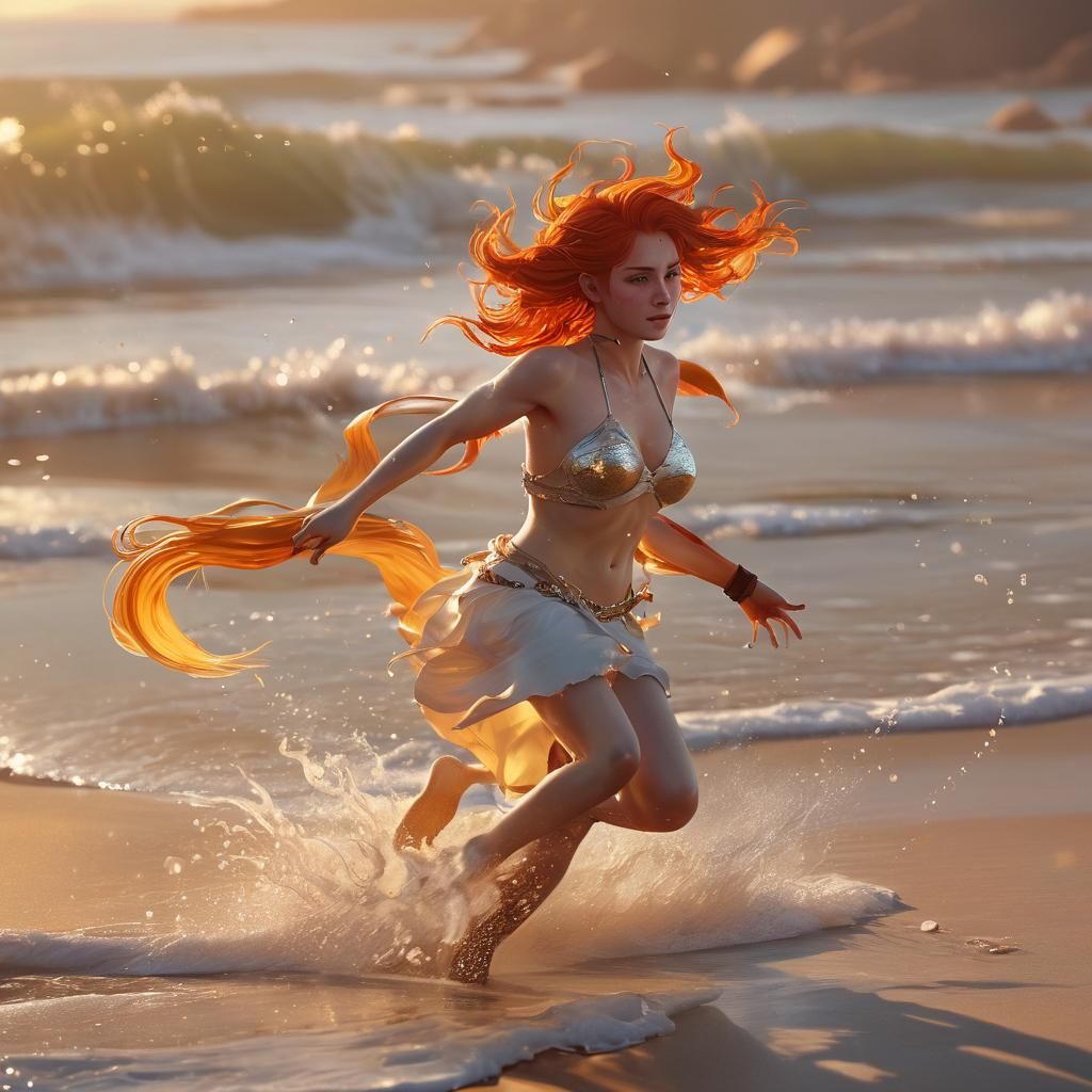 Redhead Centaur Running on Beach, Anime-Inspired Art