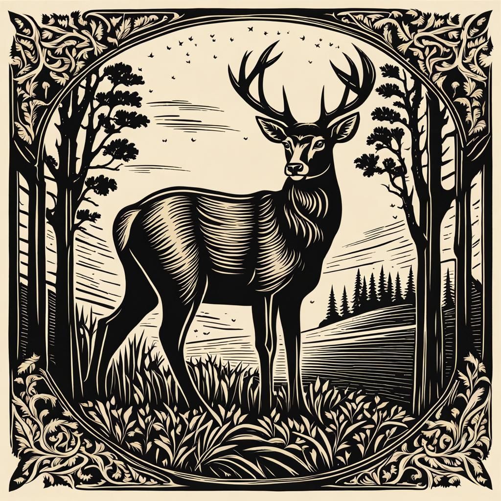 Deer in Medieval Woodcut Style