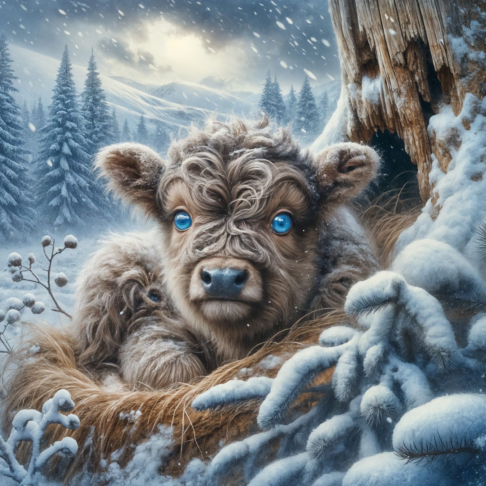 Charming Baby Ox in Blizzard: Storybook Realism