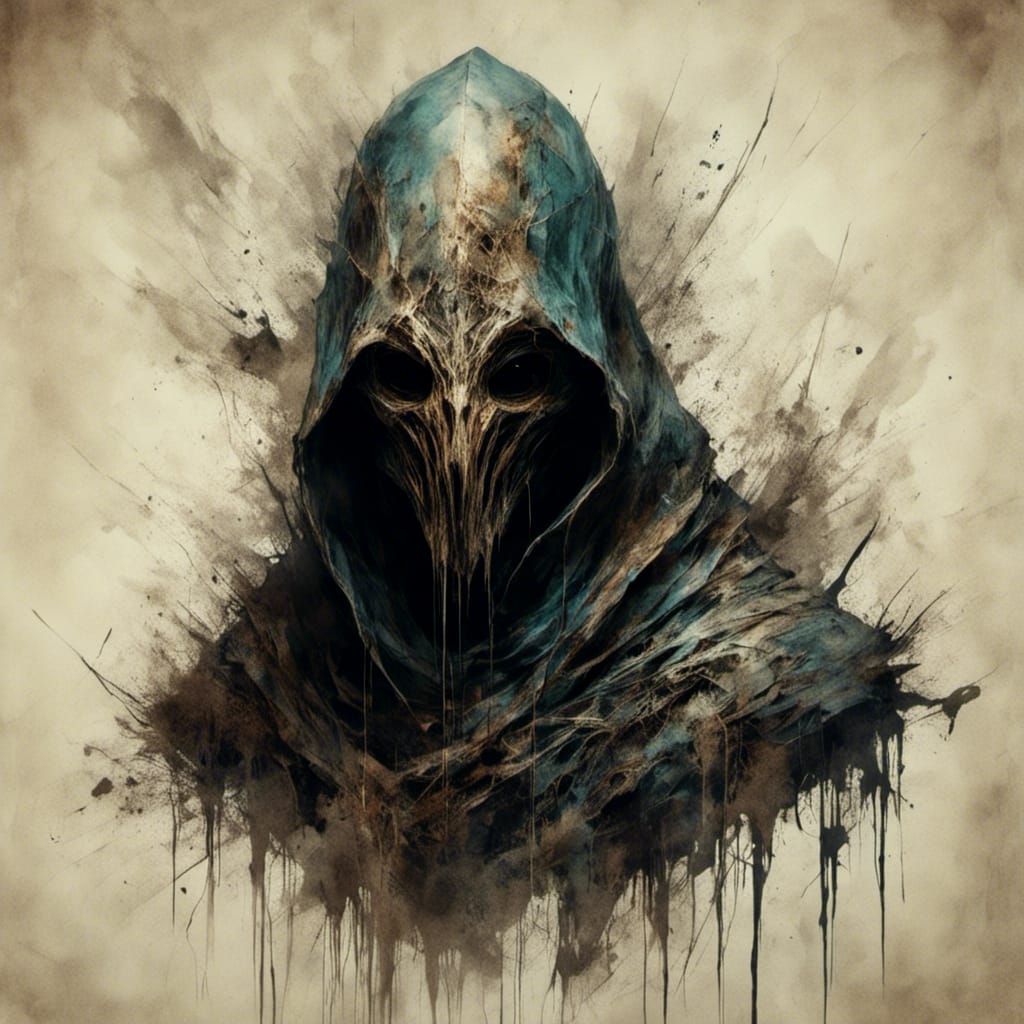 Macabre Hooded Alien Creature with Woodsplash Effects