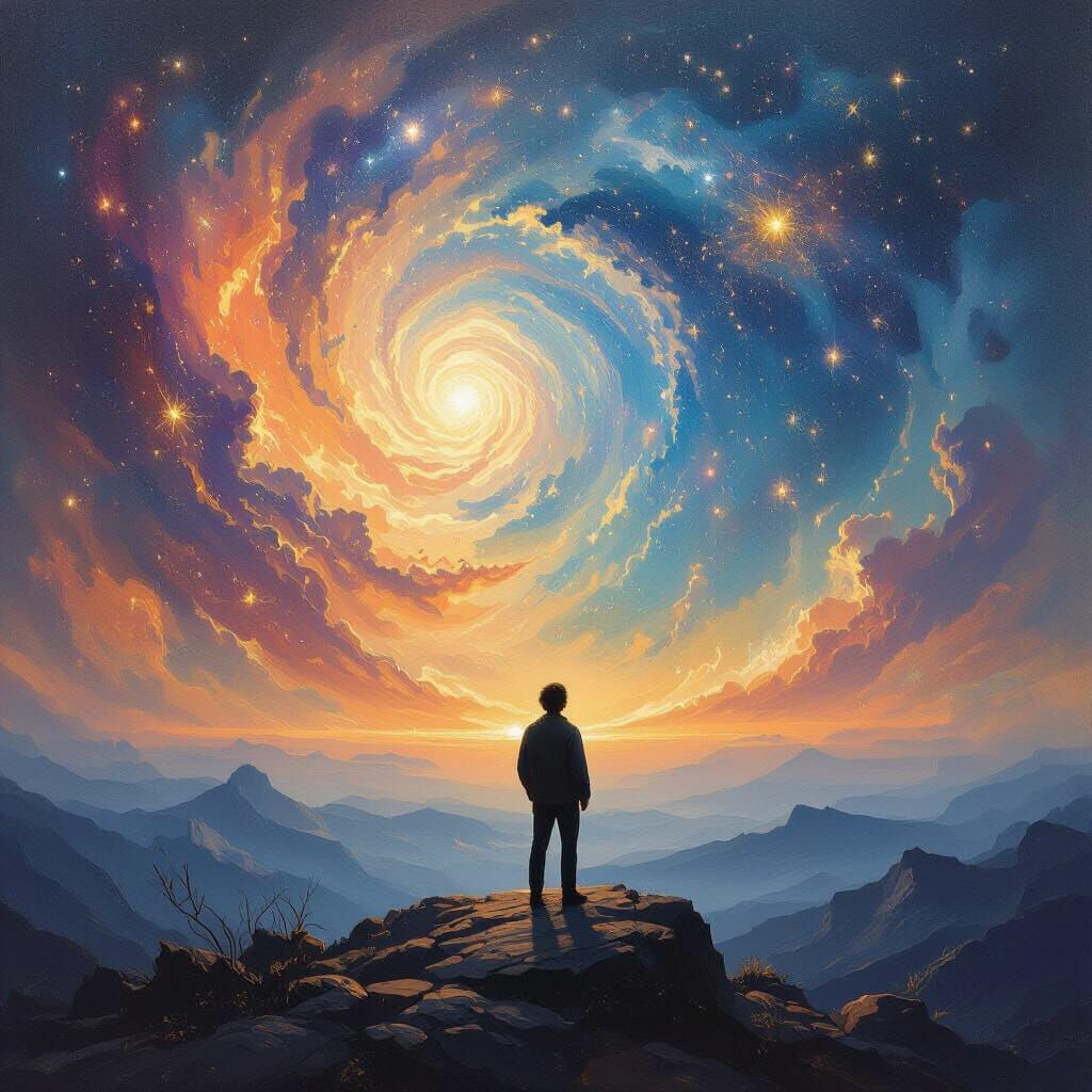 Man Gazes at Cosmic Spectacle in Turner Style