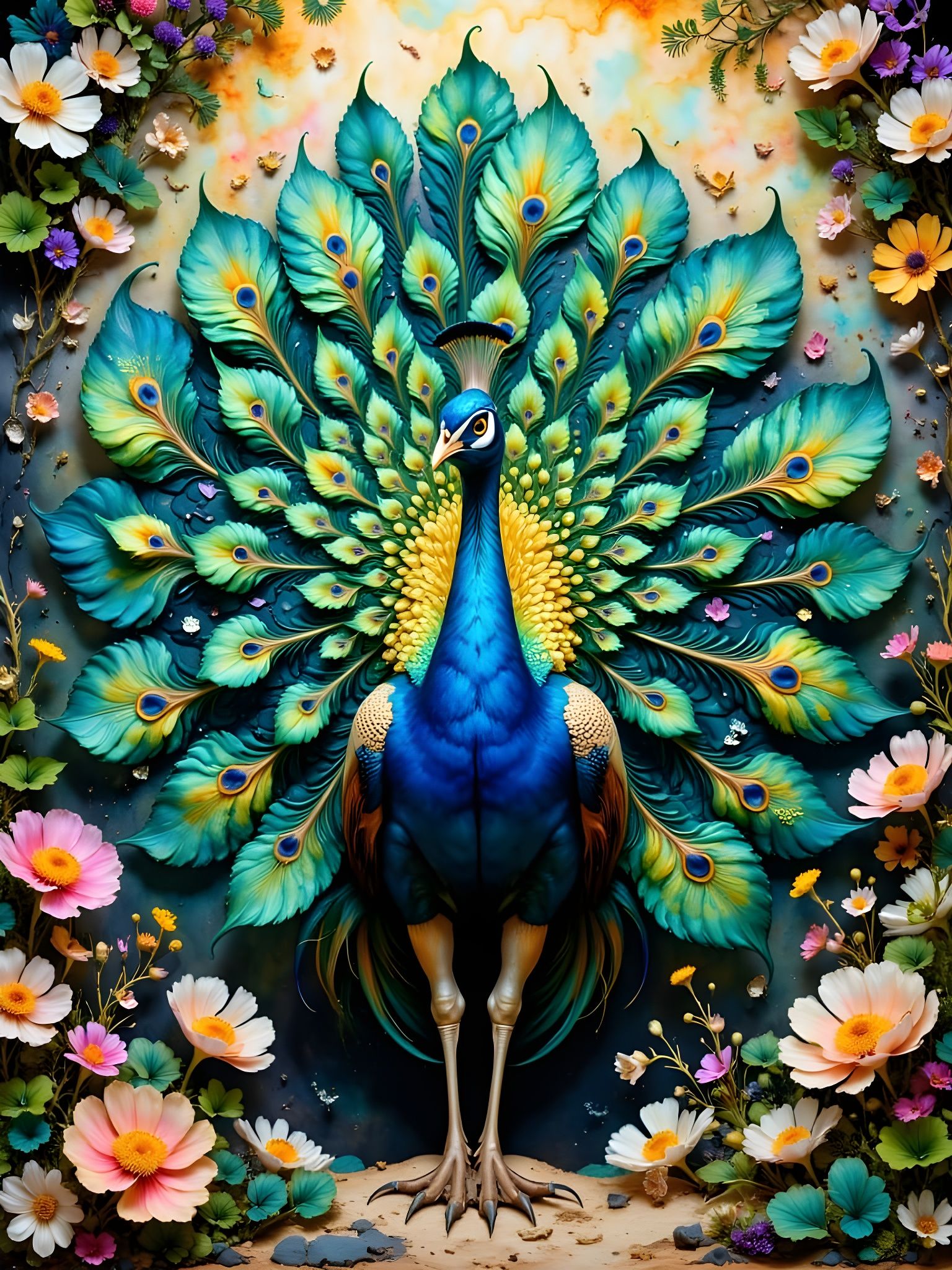 Epic Peacock Showcases Vibrant Plumage in a Garden Paradise