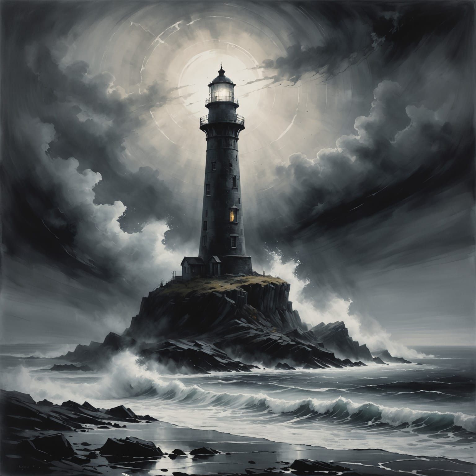Spectral Lighthouse in Ethereal Fog, Ink Wash Painting