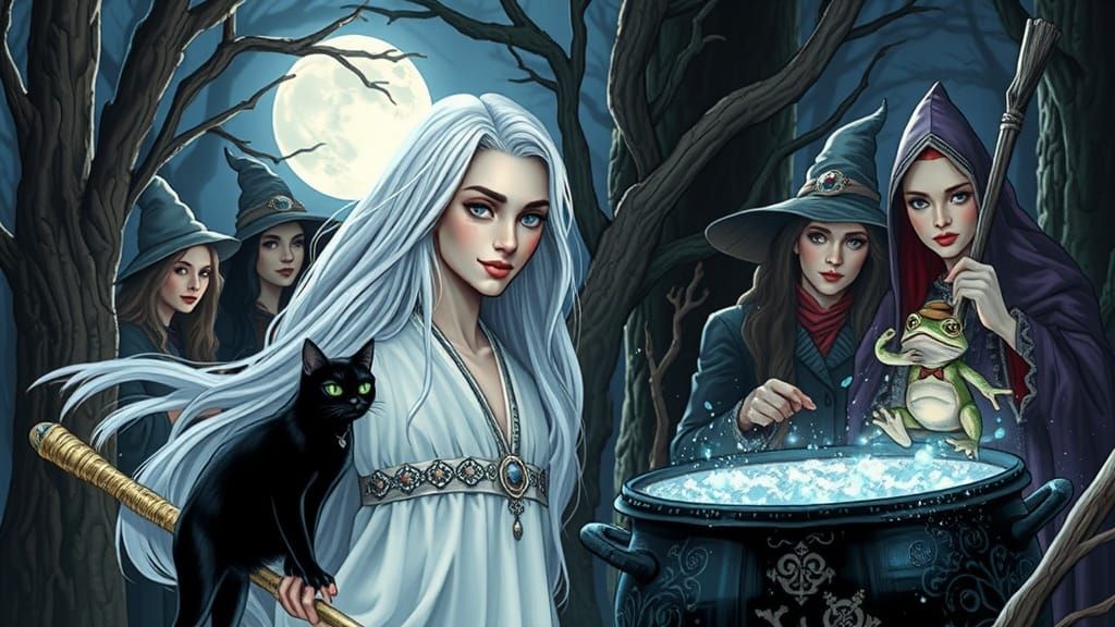 Moonlit Coven: White Witch and Magical Frog