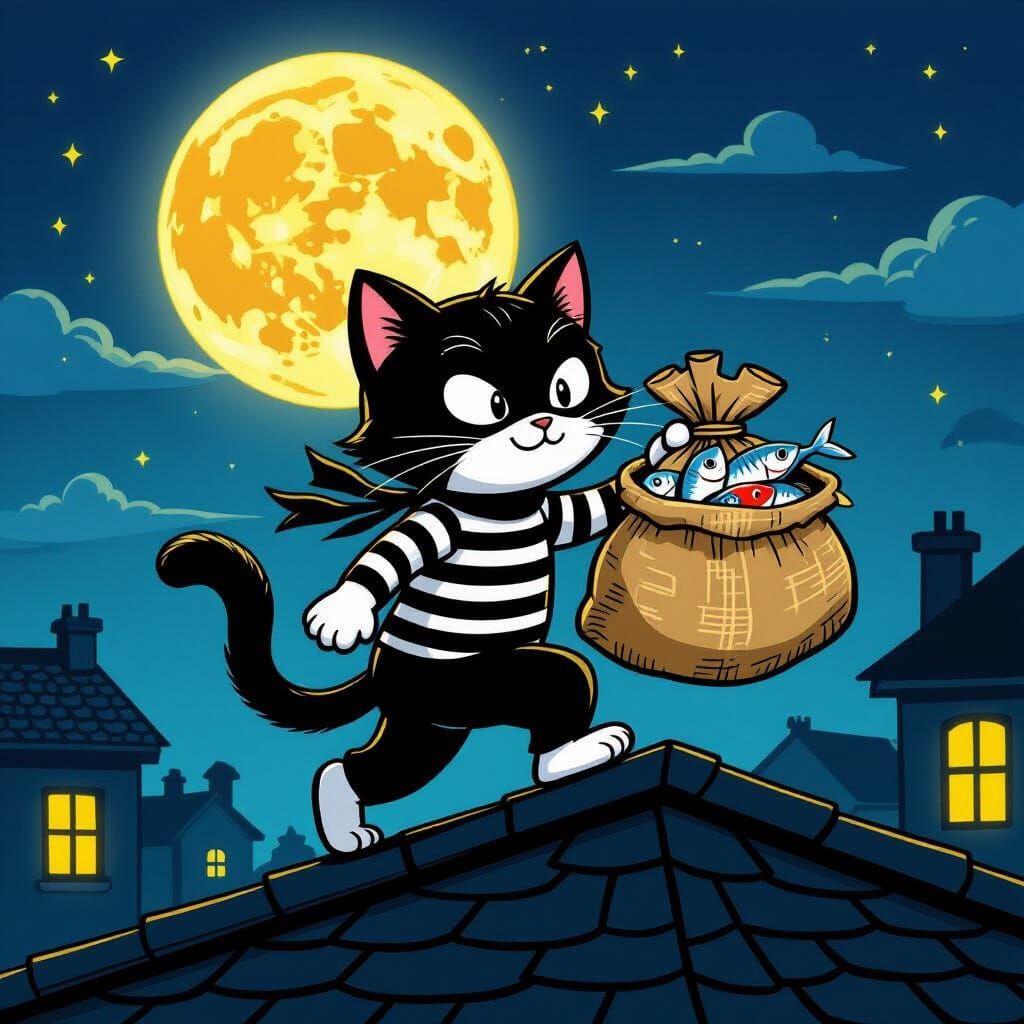 Cartoon Cat Burglar on Rooftop Under Full Moon