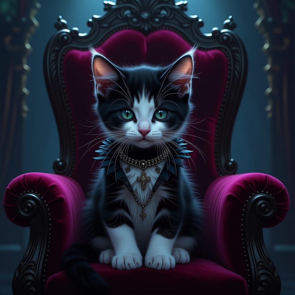 Gothic Kitten King on Velvet Throne in Dim Chamber