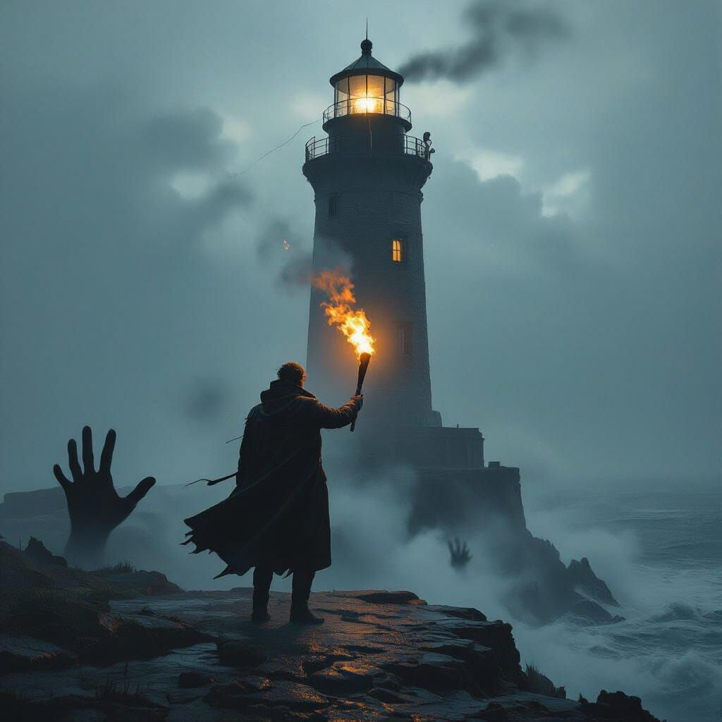 Hero with Torch on Stormy Cliff, Cinematic Lighting