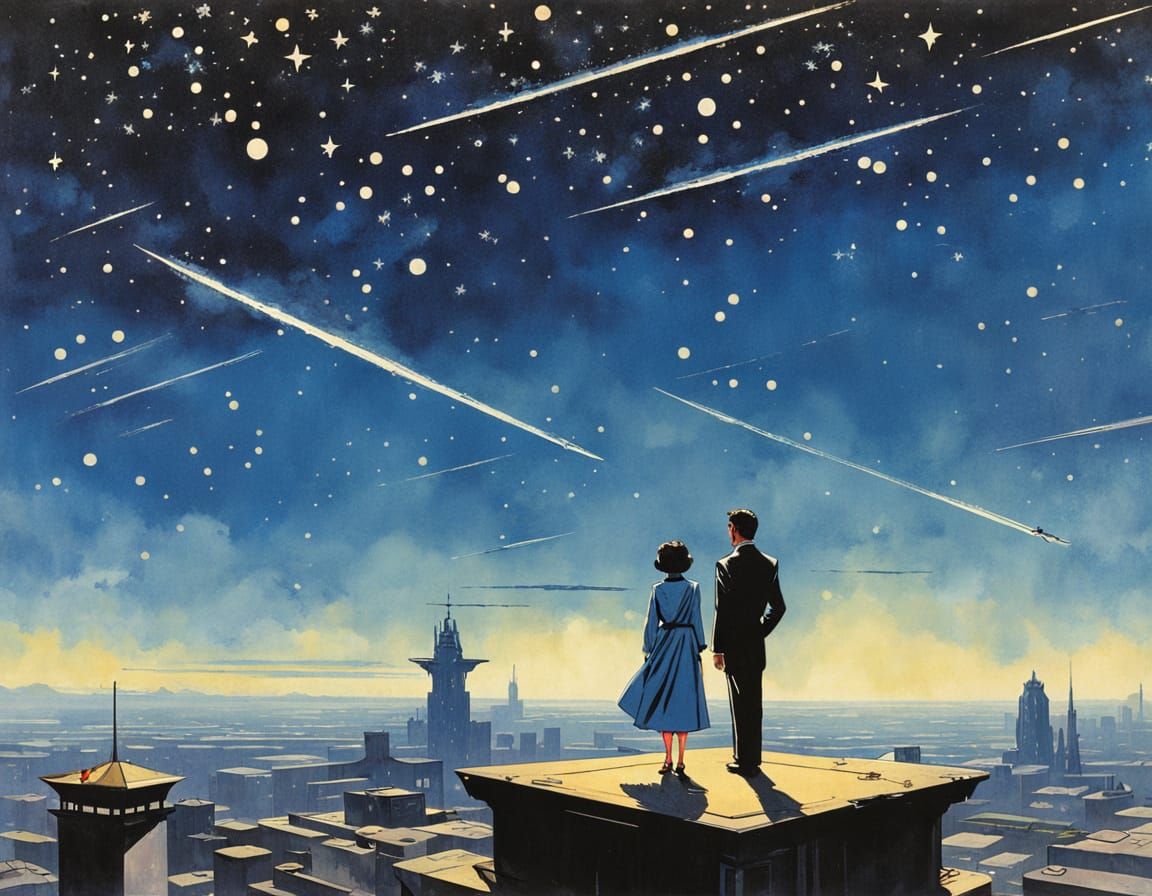 Ruler of the sky,  Scattered Stars, Sci-fi, Comic Book Illustration, Retro,Shuji Terayama, Jack Vettriano