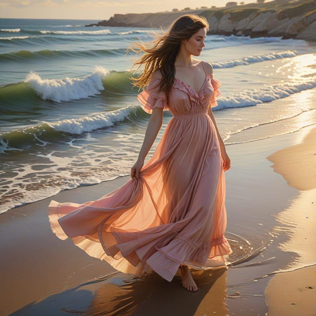 Serene Woman in Pastel Red Gown Walks Towards Beach Waves at...