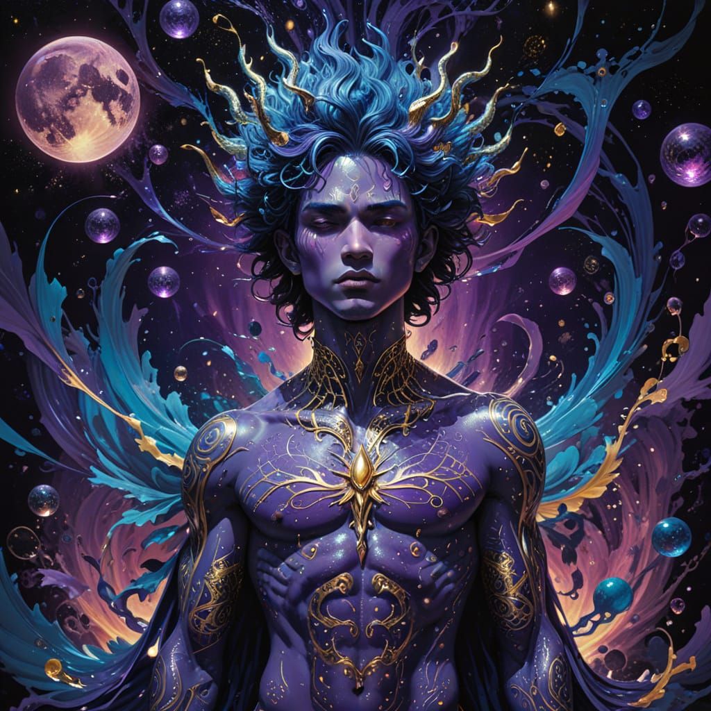 Golden Pointillism Fantasy Hybrid Portrait with Enigmatic My...