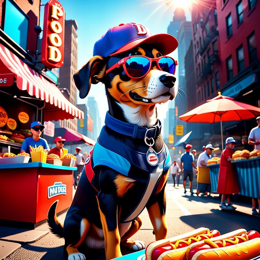 Dog Orders Hotdog in New York, Pixar-Style 3D Art