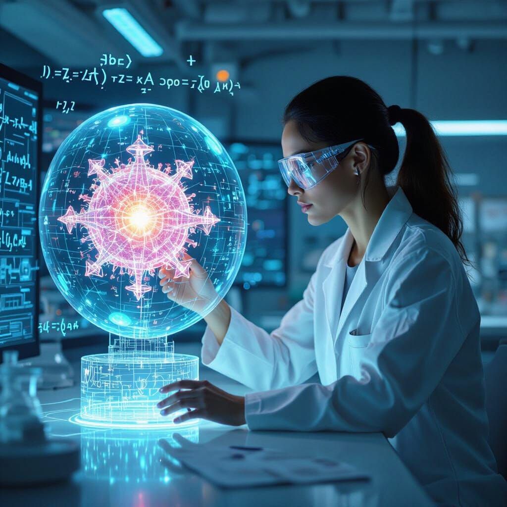 Woman Interacts with Mandelbulb Hologram in Futuristic Lab