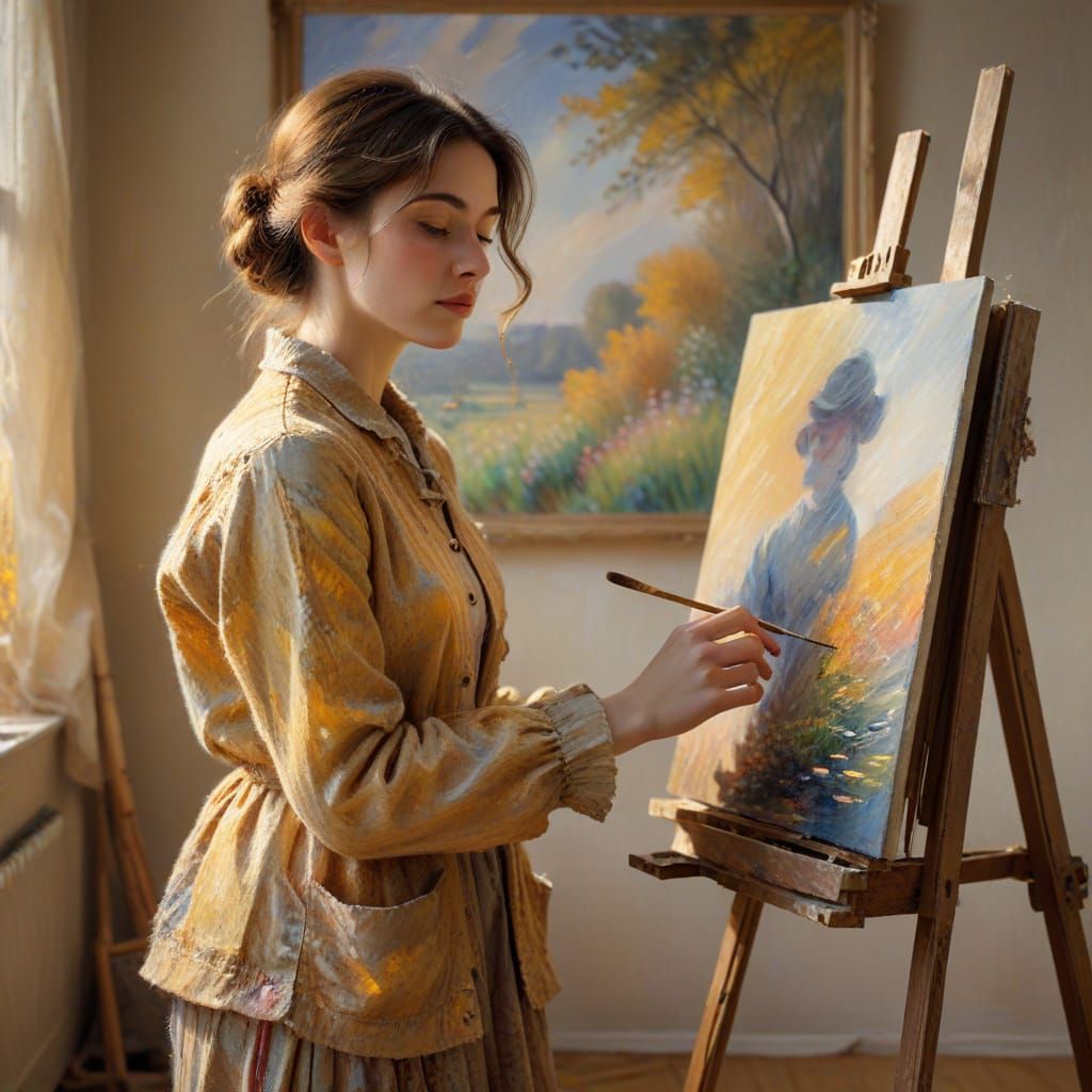 Impressionist Artist Stares at Blank Canvas with Frustration...