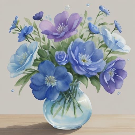 Watercolor Blue Flowers in Ceramic Vase