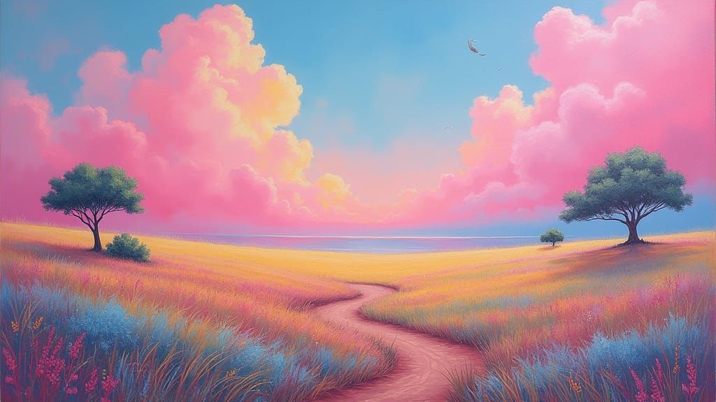 Pastel Rainbow Landscape in Airbrush Style