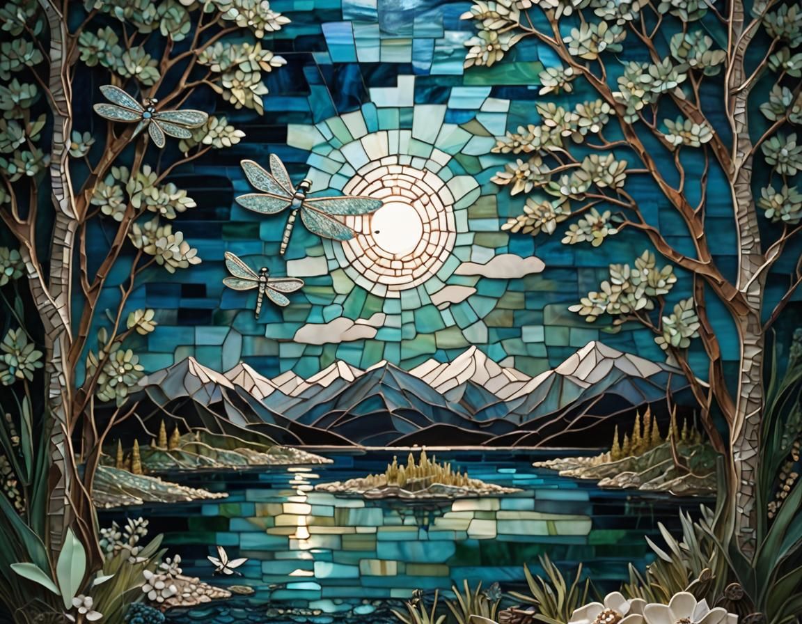 Moonlit Lake Stained Glass Mosaic