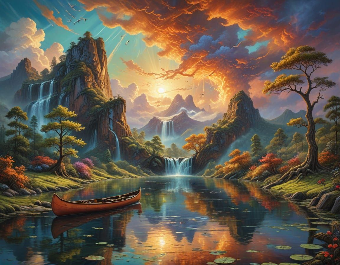 Whimsical Waterfalls Amidst Jagged Mountains in Warm Sunset ...