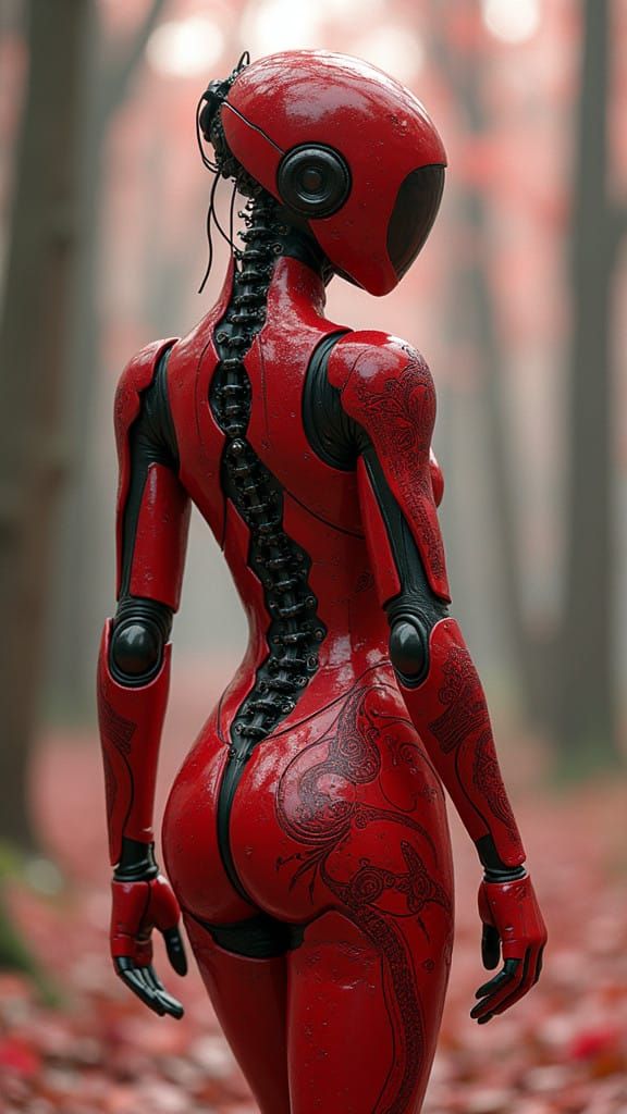 Cyberpunk Android in Cherry Red Rune Carved Power Suit