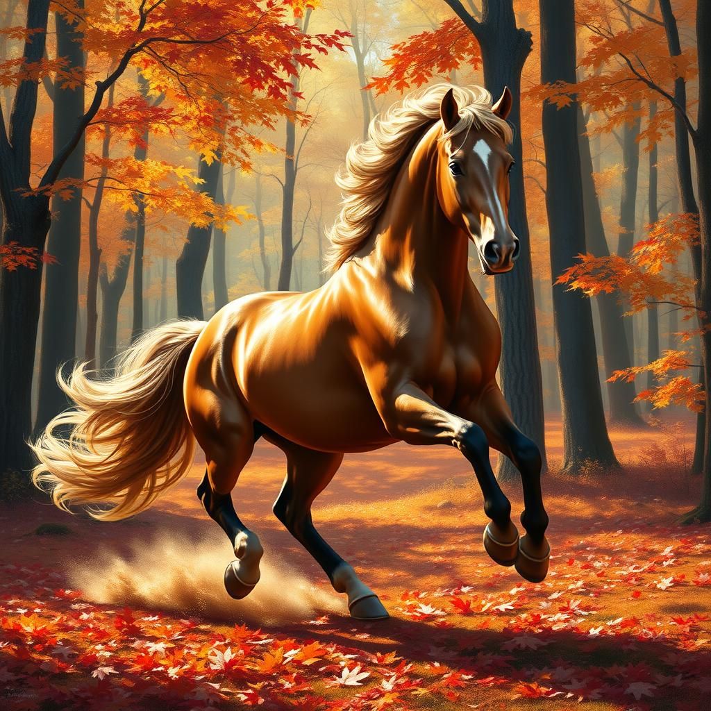 Arabian Horse Galloping Through Autumn Woods as Oil Painting