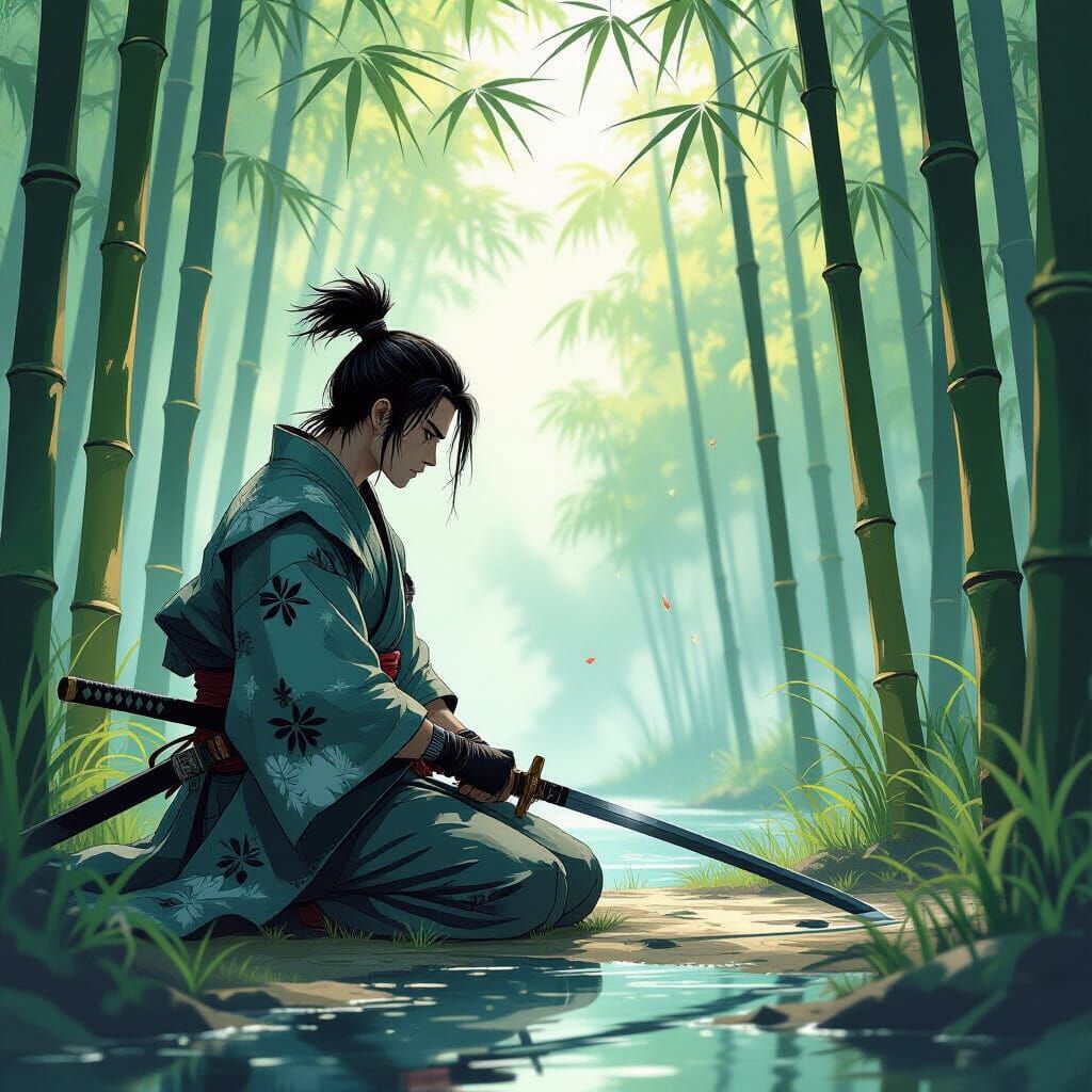 Samurai Warrior Kneels in Bamboo Forest, Sumi-e Anime Style