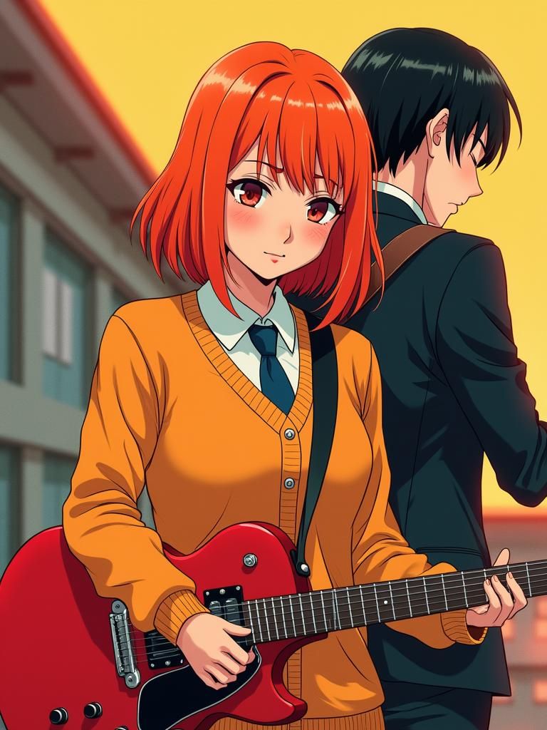 Melancholic Anime Girl with Guitar in School Uniform