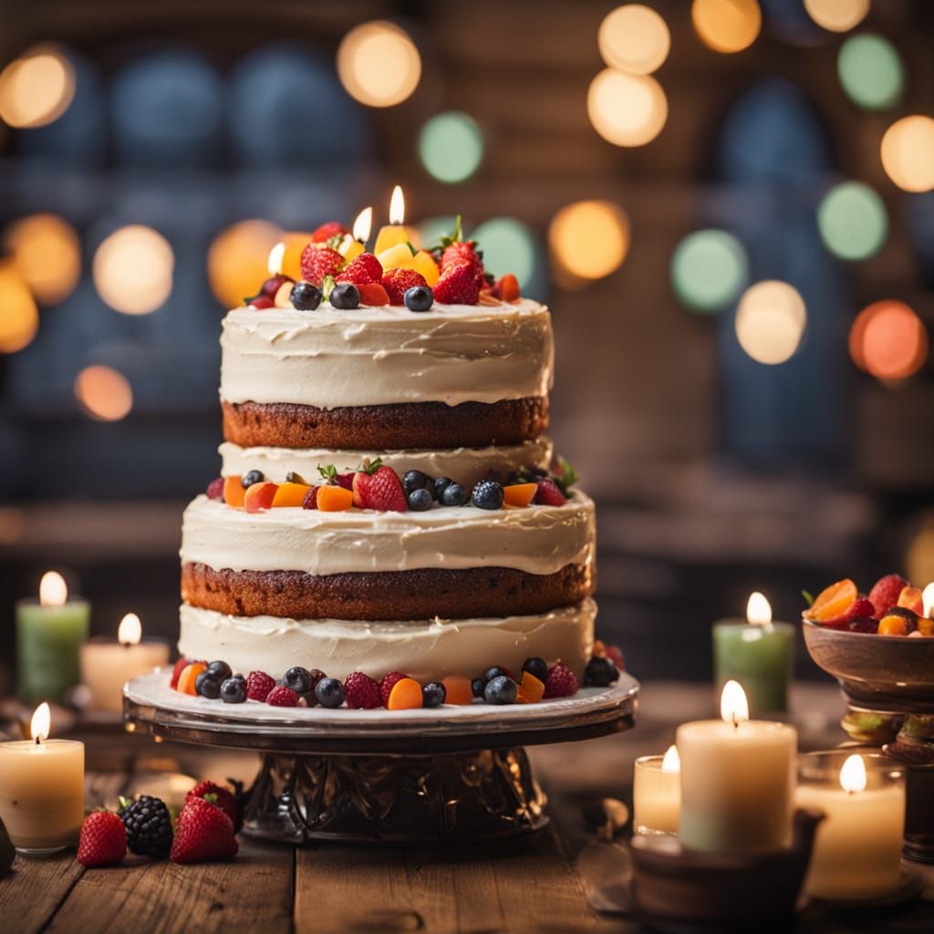 Beautiful Birthday Cake in Warm Light with Bokeh Effect