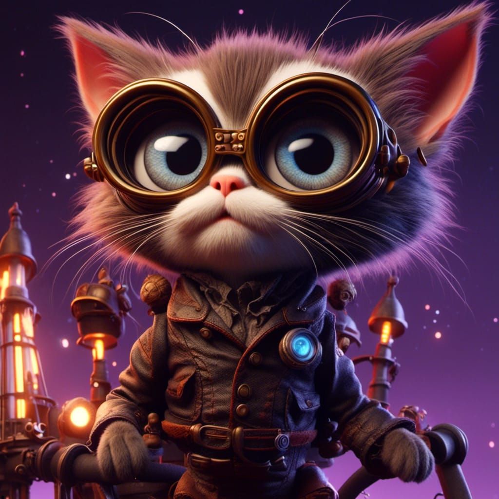 Neon Steampunk Cat on Rocket, Fantasycore Illustration